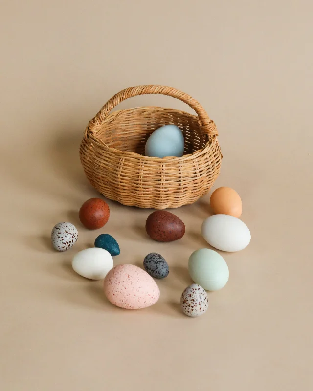 sturdy and safe wooden toys                 A Dozen Wooden Bird Eggs In A Basket