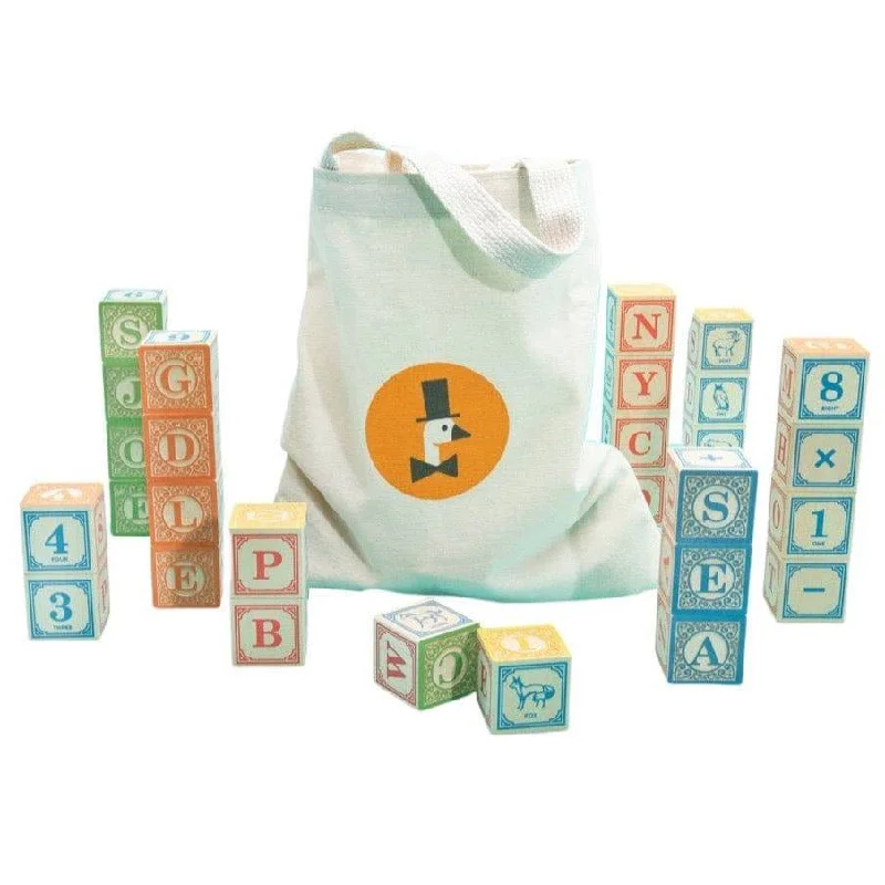 eco-conscious and sustainable wooden toys for children                   Classic Alphabet Blocks With Canvas Bag