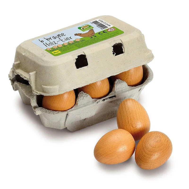 safe wooden toys for babies              Erzi six wooden brown eggs in carton