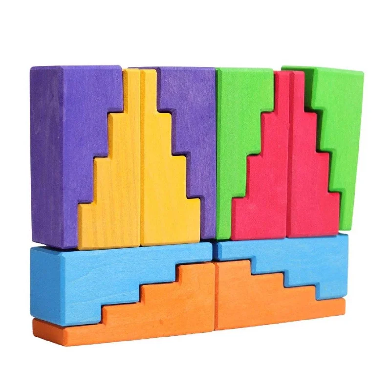 environmentally conscious wooden toys                 Grimm's Wooden Stepped Roofs Building Blocks Set - Rainbow