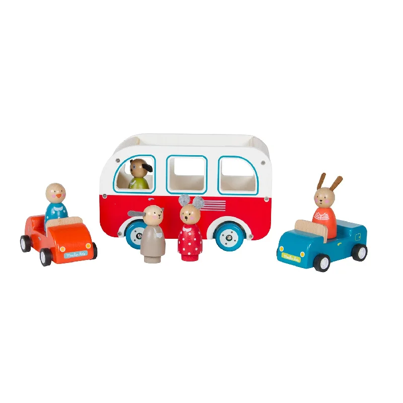 sturdy and safe wooden toys                 Moulin Roty La Grande Famille Wooden Bus with Dog Driver in 4C Gift Box