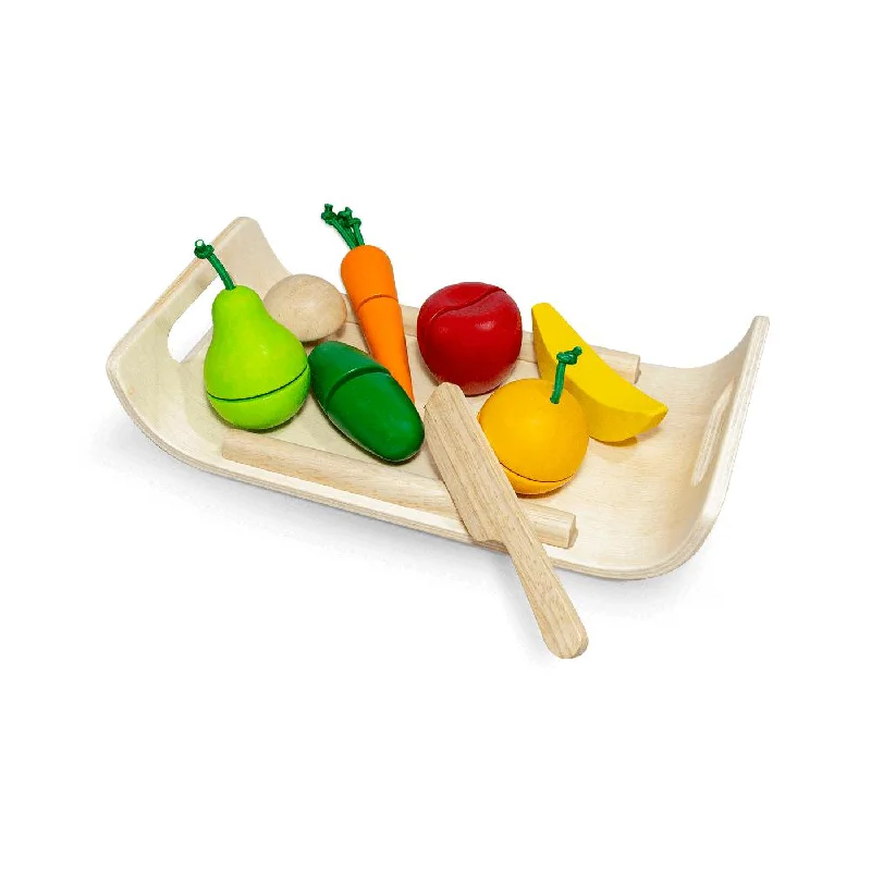 durable wooden toys                  Plan Toys assorted fruit and vegetable set with tray