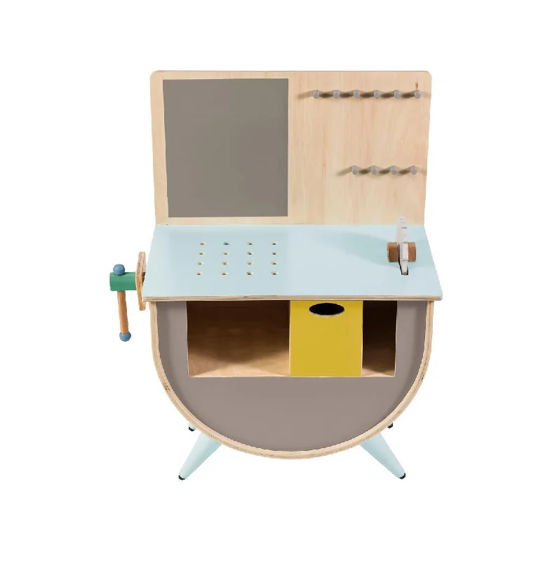 sturdy and long-lasting wooden toys for active play                   Sebra Play Tool Bench - Warm Grey