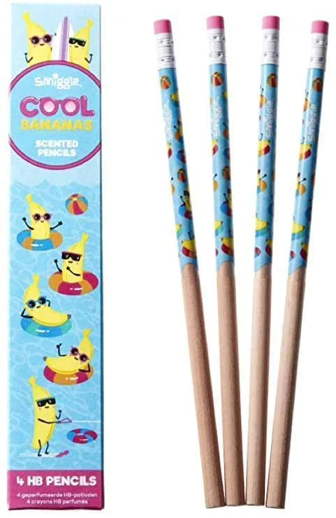 vibrant and colorful wooden toys for toddlers                   SMIGGLE Pencils x 4 Pack Scented HB Wooden With Eraser Top - Cool Bananas