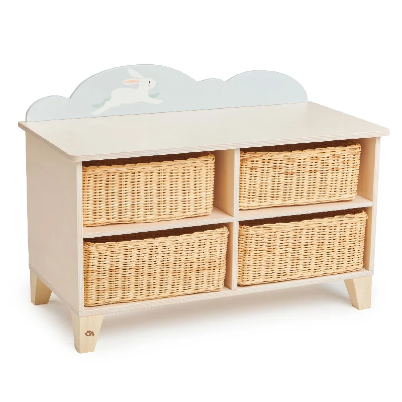 eco-friendly wooden toys made from sustainable materials                   Bunny Storage Unit with Wicker Baskets