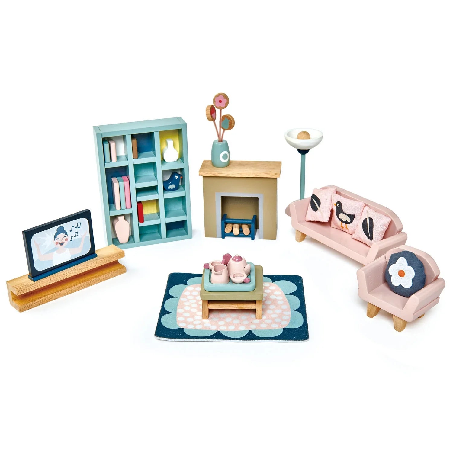 eco-friendly wooden toys                   Dovetail Wooden Dollhouse Living Room Set