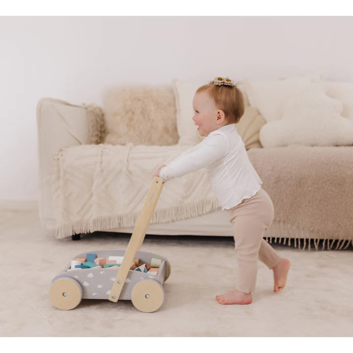 sturdy and long-lasting wooden toys for active play                   Wooden Baby Push Cart & Walker with Blocks