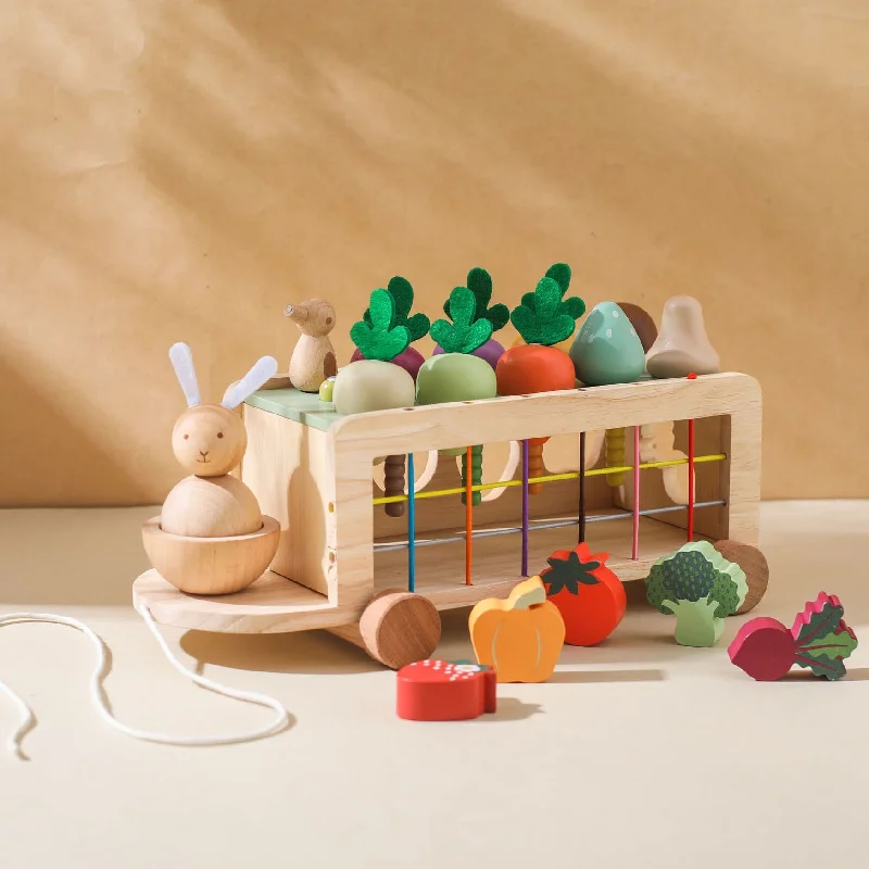 functional wooden toys               Montessori inspired wooden multi activity farm cart