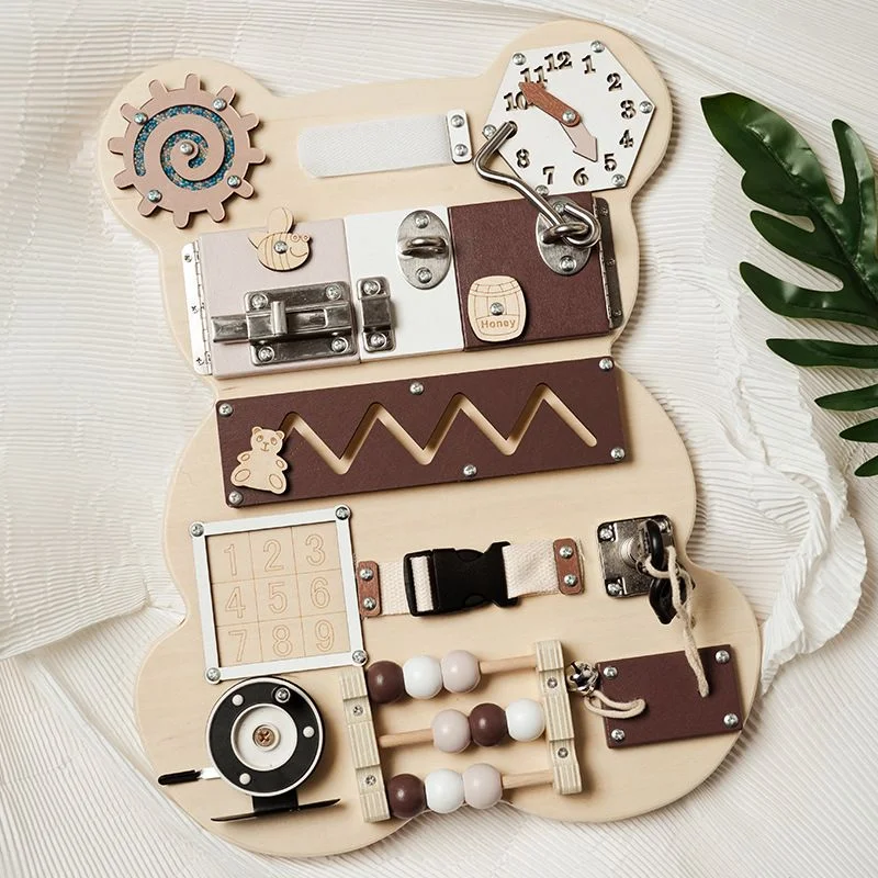 sustainable wooden toys                   Montessori Wooden Bear Busy Sensory 12-in-1 Activity Board
