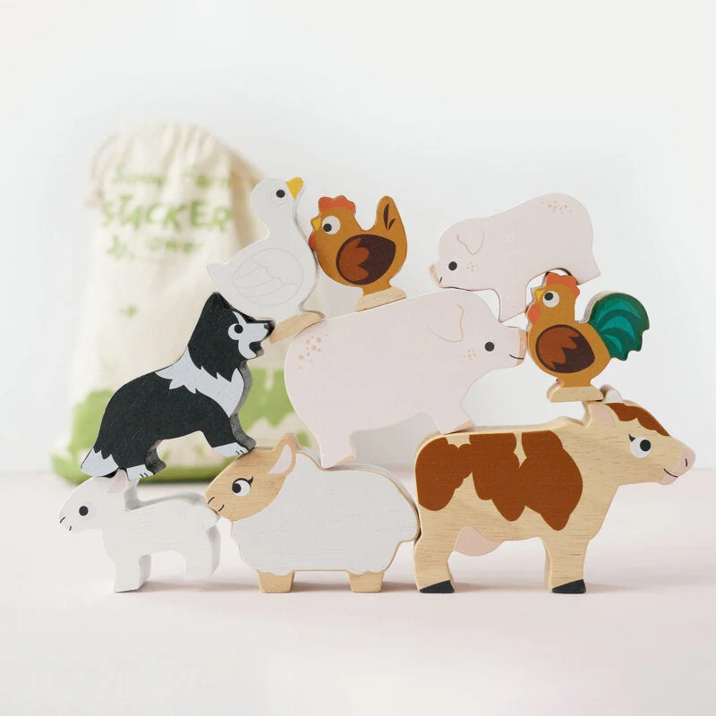 robust and durable wooden toys that are built to last                   Petilou Wooden Farm Stacking Animals & Bag Gift Set
