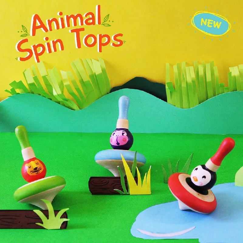 eco-friendly and sustainably made wooden toys                   Wooden Animal Spin Tops