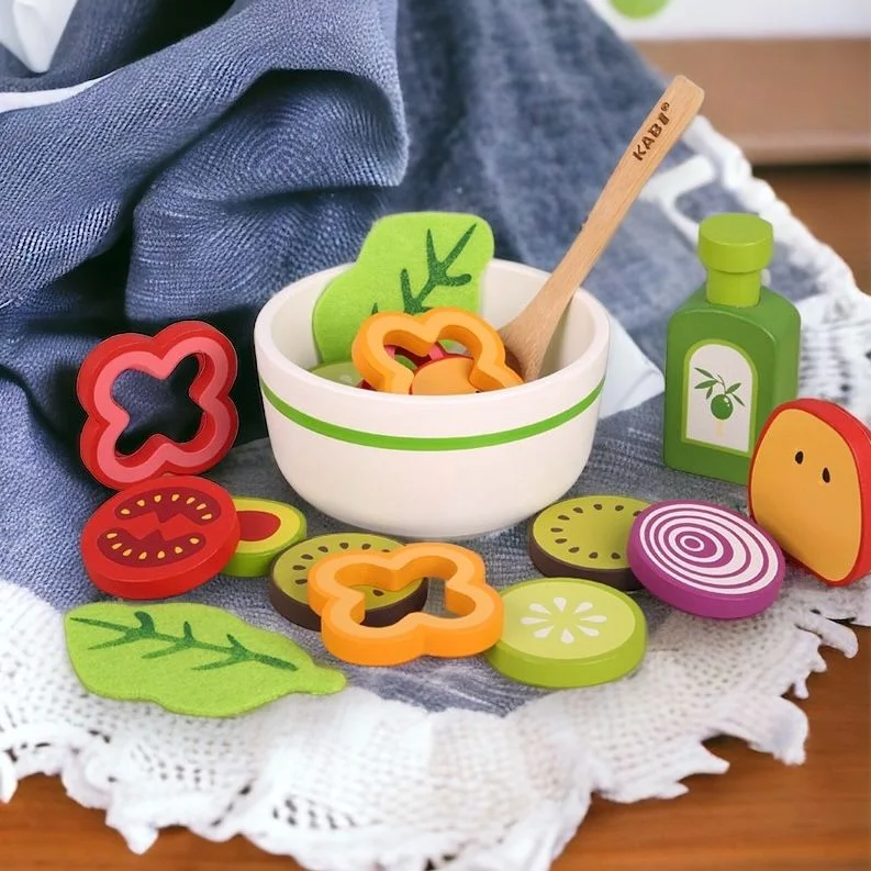 tactile wooden toys                   Kabi Wooden Salad Pretend Play Toy Set Kitchen Play Food
