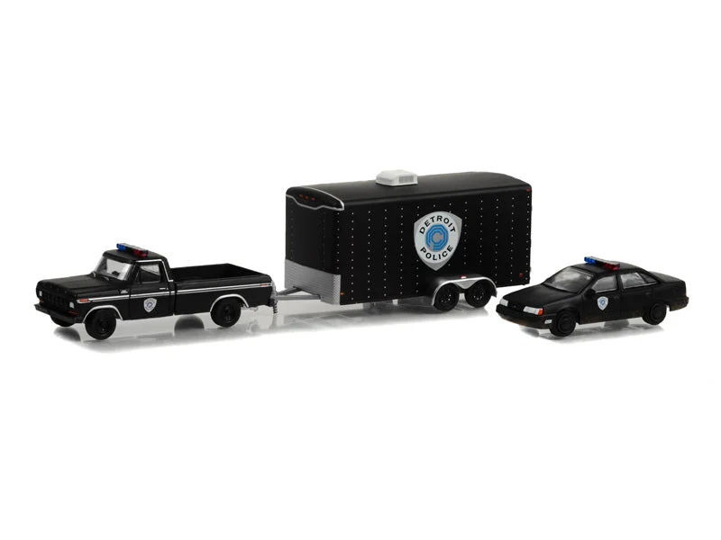 High-quality toy cars 1979 Ford F-150 w/ 1986 Ford Taurus Detroit Police & Car Hauler RoboCop 2 (Hollywood Hitch & Tow) Series 11 Diecast 1:64 Model - Greenlight 31150A
